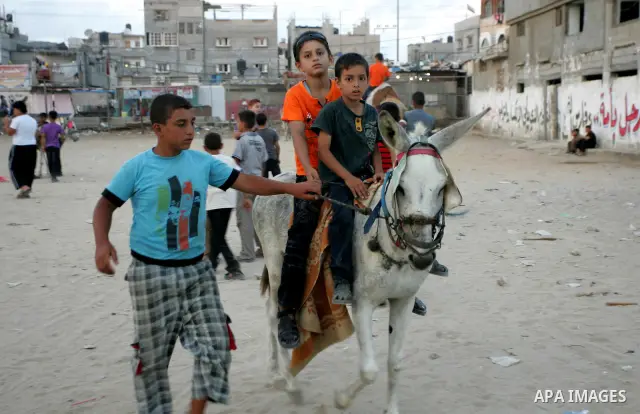 Palestinian children enjoy riding a donkey at the second day of the Eid al-Fitr holiday, which marks the end of the holy fasting month of Ramadan in Rafah in the southern Gaza Strip on August 31 2011. Photo by Abed Rahim...