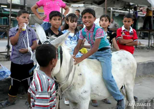 Palestinian children enjoy riding a donkey at the second day of the Eid al-Fitr holiday, which marks the end of the holy fasting month of Ramadan in Rafah in the southern Gaza Strip on August 31 2011. Photo by Abed Rahim...