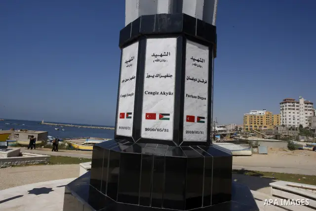 A memorial site in memory of nine Turkish activists who were killed in a deadly raid by the Israeli army on a Turkish aid ship bound for the Gaza Strip last year, in the port of Gaza City, on Sep.3, 2011. arrives back in...