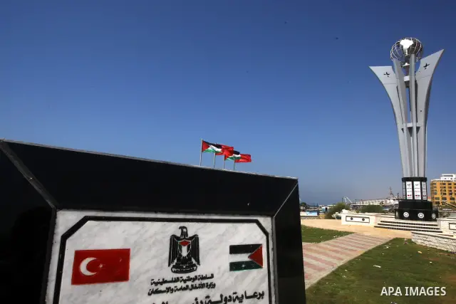 A memorial site in memory of nine Turkish activists who were killed in a deadly raid by the Israeli army on a Turkish aid ship bound for the Gaza Strip last year, in the port of Gaza City, on Sep.3, 2011. arrives back in...
