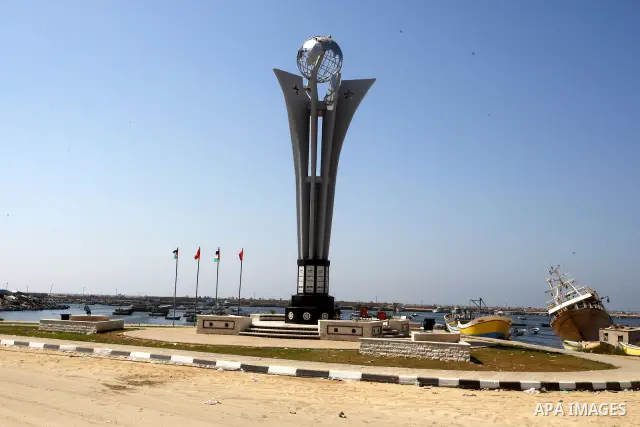 A memorial site in memory of nine Turkish activists who were killed in a deadly raid by the Israeli army on a Turkish aid ship bound for the Gaza Strip last year, in the port of Gaza City, on Sep.3, 2011. arrives back in...