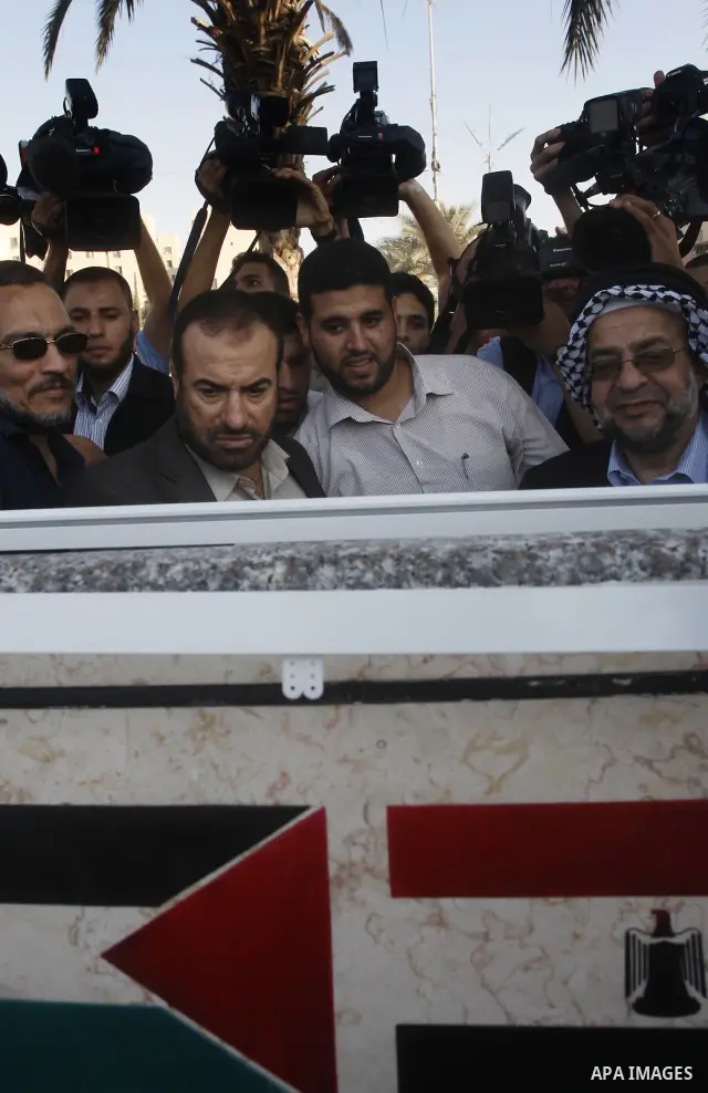 Palestinian Interior Minister in Gaza Strip, Fathi Hammad, members of ''Miles of Smiles" convoy and other pro-Palestinian activists attend the inauguration ceremony of the memorial for Egyptian soldiers who killed by Isr...