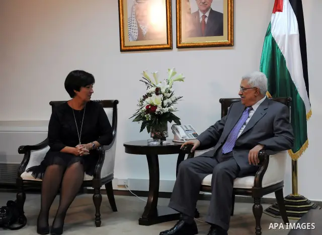 Palestinian President Mahmoud Abbas (Abu Mazen) meets with the Swedish former President of the Socialist Party in the West Bank city of Ramallah on Sep. 3, 2011. Photo by Thaer Ganaim