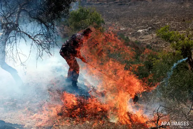 A Palestinian policeman uses a flap to put out a fire in an olive grove and field, which according to the local Palestinian villagers was started by settlers from a near by Jewish settlement close to the West Bank villag...
