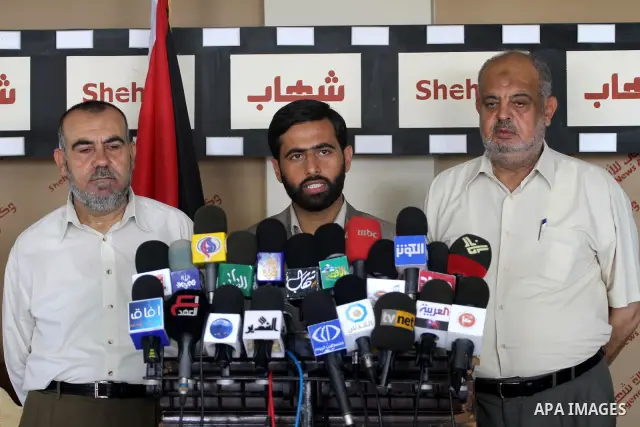 Palestinian Legislative Council member, Mosheer El Masry delivers speech in a press conference for the block of change and reform, about the arrest of the Deputy, Mohammad Abu Tir, in Gaza city on Sep. 6, 2011. Photo by...