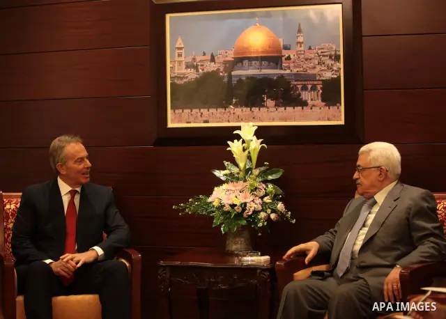 Former British premier and international Mideast envoy Tony Blair (L) meets with Palestinian president Mahmoud Abbas in the West Bank city of Ramallah on September 6, 2011, as the Palestinian Authority held talks with US...