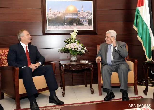 Former British premier and international Mideast envoy Tony Blair (L) meets with Palestinian president Mahmoud Abbas in the West Bank city of Ramallah on September 6, 2011, as the Palestinian Authority held talks with US...