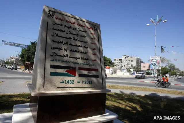 A memorial site in memory of the Egyptian policemen who were killed by the Israeli army in Gaza city on Sep.10, 2011. While the Egyptians held a series of protests in front of the Israeli embassy. The protesters were ang...