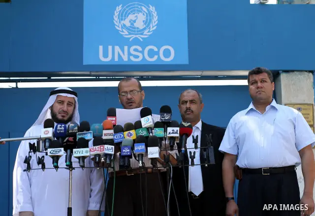 Members of the Palestinian Higher Committee deliver speech on a press conference to break the siege on Gaza in Gaza city on Sep.14, 2011. Photo by Mohammed Asad