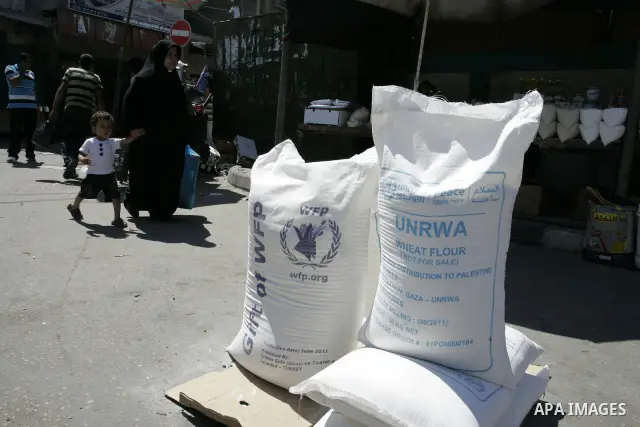 Palestinians receive their food aid from a UN distribution centre in the Rafah refugee camp, southern Gaza Strip on Sep. 14, 2011. Germany provided for the first time a donation to the school's nutrition program, and the...