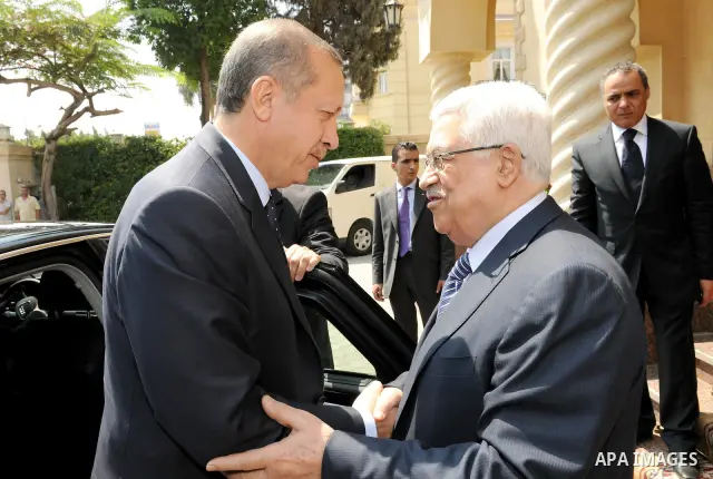 Turkish prime minister Recep Tayyip Erdogan meets with Palestinian Mahmoud Abbas during his three days visit, in Cairo, Egypt on Sep. 14,2011. Abbas, who arrived in Cairo on 12 September, met with Arab League officials a...
