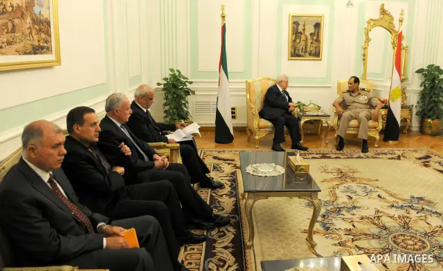 Egyptian Field Marshal Hussein Tantawi, head of the Egyptian Armed Forces Supreme Council meets with Palestinian Mahmoud Abbas during his three days visit, in Cairo, Egypt on Sep. 14,2011. Abbas, who arrived in Cairo on...
