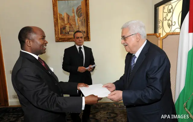 New appointed ambassadors meets with Palestinian Mahmoud Abbas during his three days visit, in Cairo, Egypt on Sep. 14,2011. Abbas, who arrived in Cairo on 12 September, met with Arab League officials as well with EU For...
