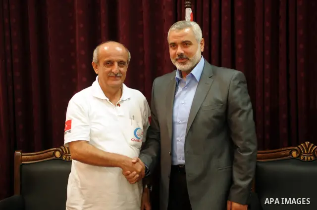 Palestinian Prime Minister in Gaza Strip, Ismail Haniya receives the Turkish delegation to break the siege on Gaza, in Gaza city on Sep. 14, 2011. Photo by Ahmed Shaat