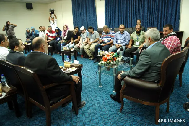 Palestinian Prime Minister in Gaza Strip, Ismail Haniya receives the Egyptian delegation to break the siege on Gaza, in Gaza city on Sep. 14, 2011. Photo by Ahmed Shaat