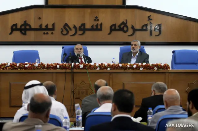 Palestinian Prime Minister in the Gaza Strip, Ismail Haniya during the meeting of the Palestinian Legislative Council members of the mass of change and reform, and a representative of the Hamas parliamentary bloc in Gaza...