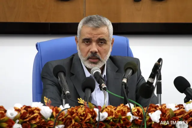 Palestinian Prime Minister in the Gaza Strip, Ismail Haniya during the meeting of the Palestinian Legislative Council members of the mass of change and reform, and a representative of the Hamas parliamentary bloc in Gaza...