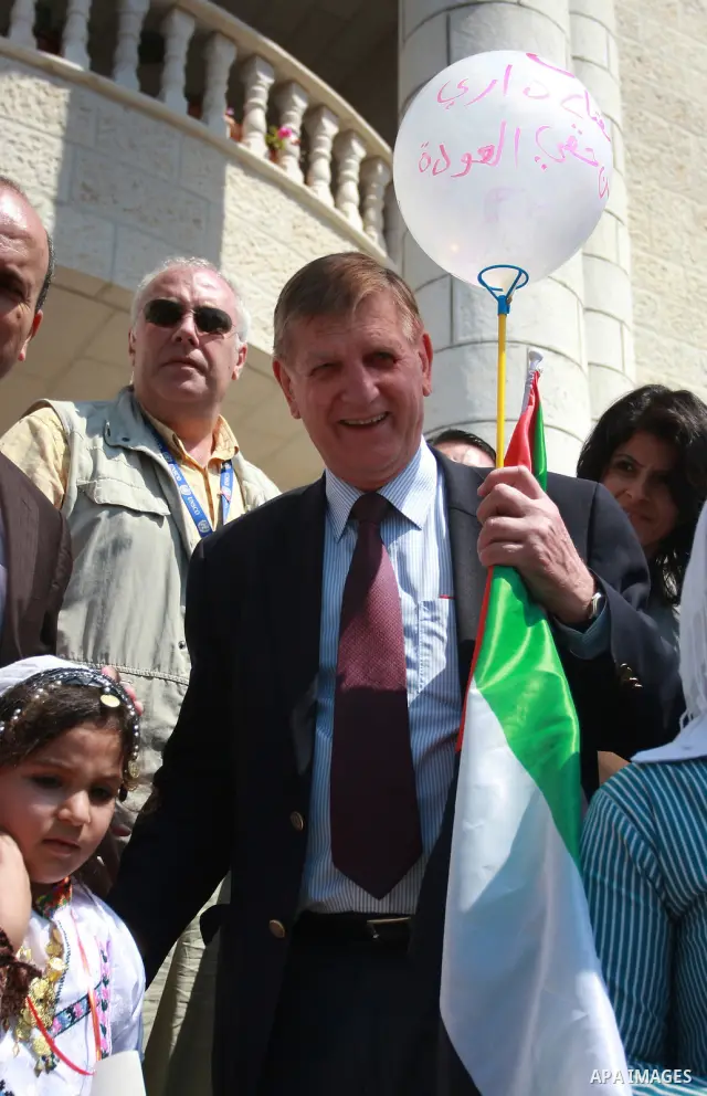 The Deputy United Nations Coordinator in the Middle East, Maxwell takes part in a rally in the West Bank city of Tulkarem, Monday, Sept. 19, 2011. Abbas is set to address the U.N. this week, planning to ask the world to...