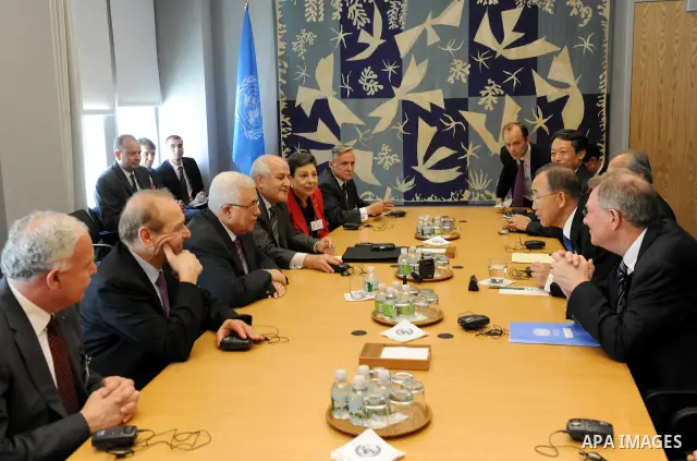 Palestinian President Mahmoud Abbas meets with United Nations Secretary-General Ban Ki-moon at U.N. headquarters on September 19, 2011 in New York City. Abbas is seeking United Nations recognition of a Palestinian state....