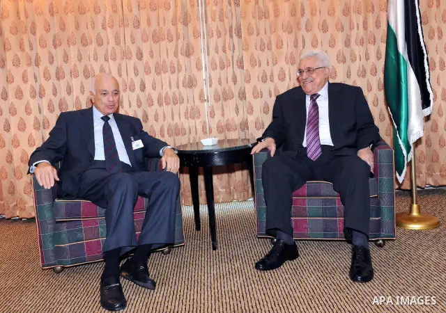 Palestinian President Mahmoud Abbas meets with Secretary General of the Arab League, Nabil al-Arabi on September 19, 2011 in New York City. Abbas is seeking United Nations recognition of a Palestinian state. Photo by Muf...