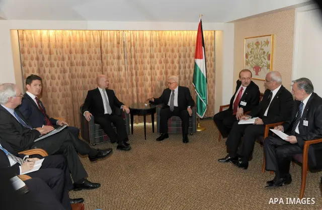 Palestinian President Mahmoud Abbas meets with British Foreign Secretary William Hague at his residence on September 20, 2011 in New York City. Abbas is seeking United Nations recognition of a Palestinian state. Photo by...