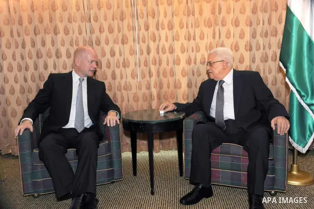 Palestinian President Mahmoud Abbas meets with British Foreign Secretary William Hague at his residence on September 20, 2011 in New York City. Abbas is seeking United Nations recognition of a Palestinian state. Photo by...