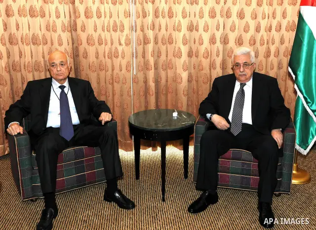 Palestinian President Mahmoud Abbas meets with Secretary General of the Arab League, Nabil al-Arabi on September 20, 2011 in New York City. Abbas is seeking United Nations recognition of a Palestinian state. Photo by Muf...