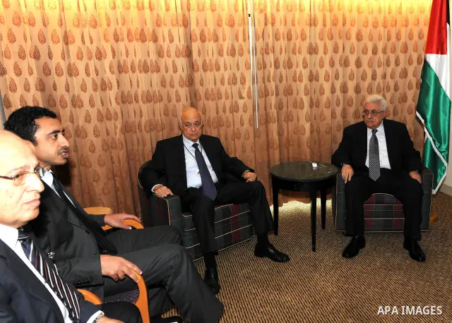 Palestinian President Mahmoud Abbas meets with Secretary General of the Arab League, Nabil al-Arabi on September 20, 2011 in New York City. Abbas is seeking United Nations recognition of a Palestinian state. Photo by Muf...