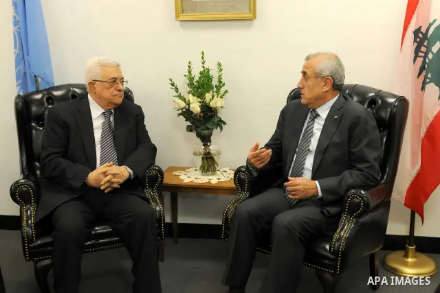 Palestinian President Mahmoud Abbas (Abu Mazen) during a meeting with Lebanese President Michel Suleiman in New York on Sep. 20, 2011. Photo by Thaer Ganaim