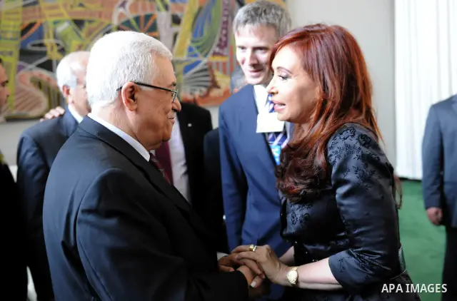 Palestinian President Mahmoud Abbas (Abu Mazen) during a meeting with President Cristina Fernandez of the Republic of Argentina in New York on Sep. 21, 2011. Photo by Thaer Ganaim