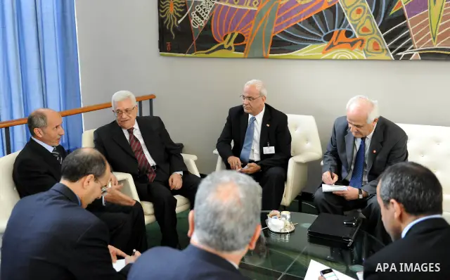 Palestinian President Mahmoud Abbas (Abu Mazen) during a meeting with Mustafa Abdul Jalil, the Libyan Chairman of the Interim Council in New York on Sep. 21, 2011. Photo by Thaer Ganaim