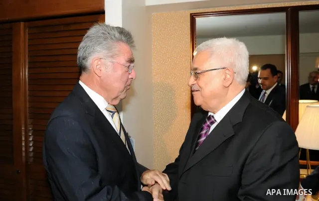 Palestinian President Mahmoud Abbas (Abu Mazen) meets Austrian President, Heinz Fischer, in New York on Sep. 21, 2011 Photo by Thaer Ganaim