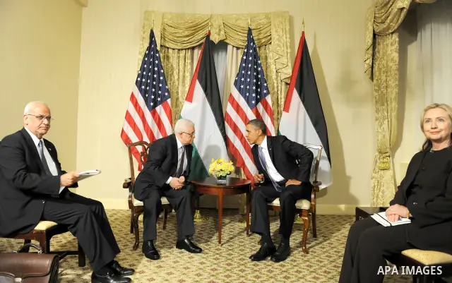 Palestinian President Mahmoud Abbas (Abu Mazen)during a meeting with U.S. President Barack Obama, in New York on Sep. 21, 2011 Photo by Thaer Ganaim