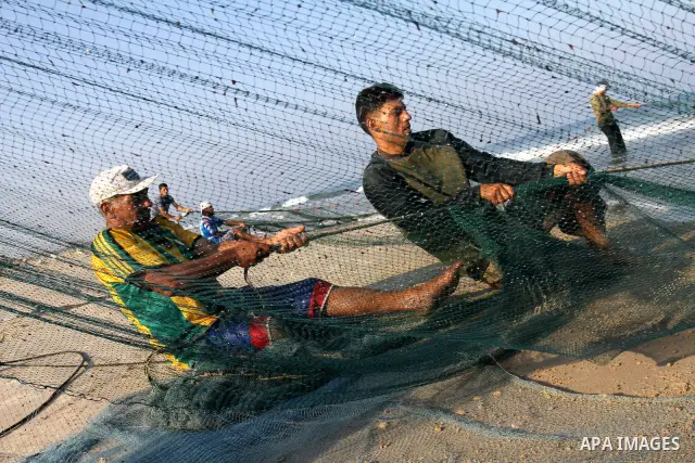 Palestinian fishermen pull their nets at the beach of Gaza city on Sep. 22, 2011. Palestinians hoped that the blockade is lifted from the sea, and setting "Palestine state 194", representing their hope to become the 194t...