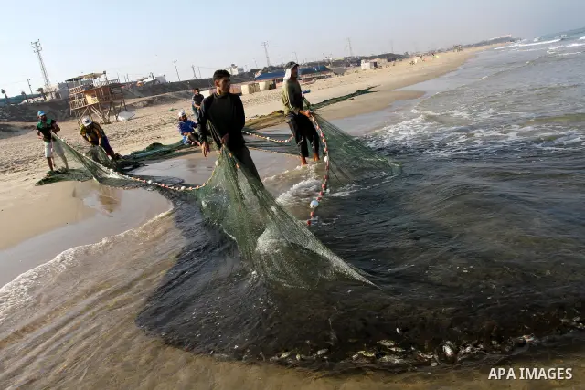 Palestinian fishermen pull their nets at the beach of Gaza city on Sep. 22, 2011. Palestinians hoped that the blockade is lifted from the sea, and setting "Palestine state 194", representing their hope to become the 194t...