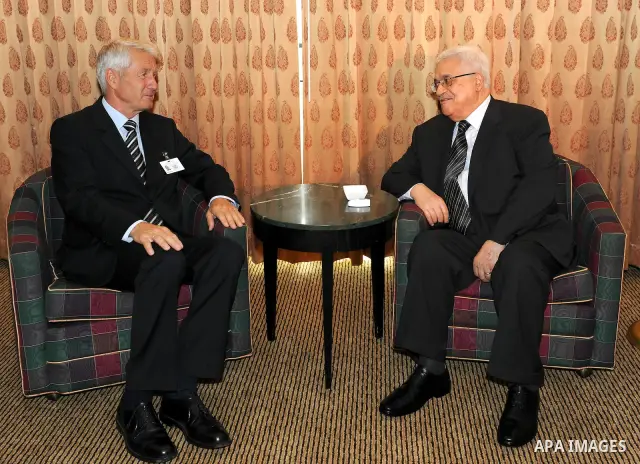 Palestinian President Mahmoud Abbas (Abu Mazen) meets Secretary General of the European Council, Thorbjoran Jagland in New York on Sep. 22,2011. Photo by Mufeed Abu Hasnah