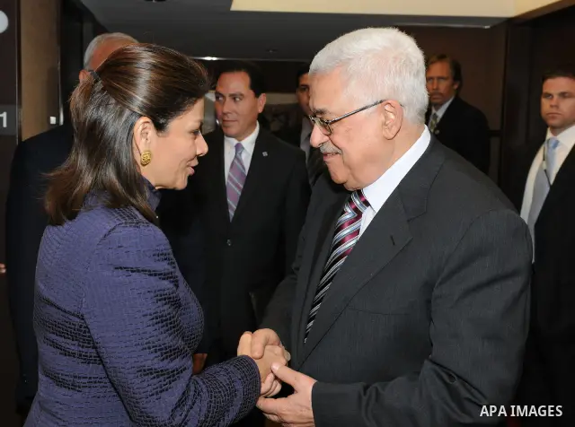 Palestinian President Mahmoud Abbas (Abu Mazen) meets with Mrs. Laura CHinchilla Miranda President of Costa Rica in New York on Sep. 22,2011. Photo by Mufeed Abu Hasnah