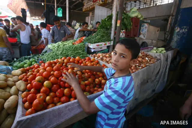 Palestinians during shopping fresh vegetables and goods at a market in Gaza City, on September 23, 2011. Palestinian President Mahmoud Abbas is set to speak later Friday at the U.N., and plans to call on the world body t...