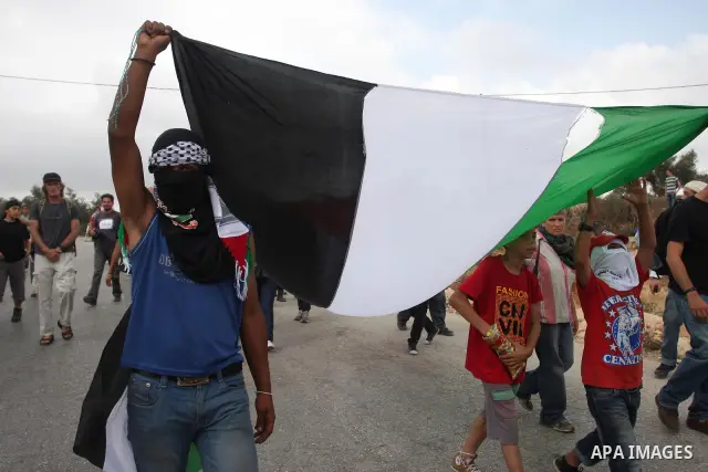 Palestinian protestors hold a banner in support of the Palestinian UN bid for statehood during a weekly protest in the West Bank village of Nabi Saleh, near Ramallah September 23, 2011. Israeli security forces were on hi...