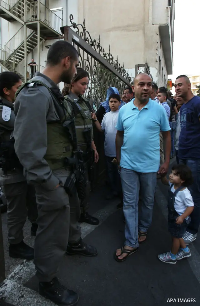 Israeli soldiers try to stop Palestinian conference, Jerusalem, Israel, on Sept. 25, 2011. Where Israeli police stormed a hotel in Jerusalem to prevent a Palestinian education curriculum conference. Photo by Mahfouz Abu...