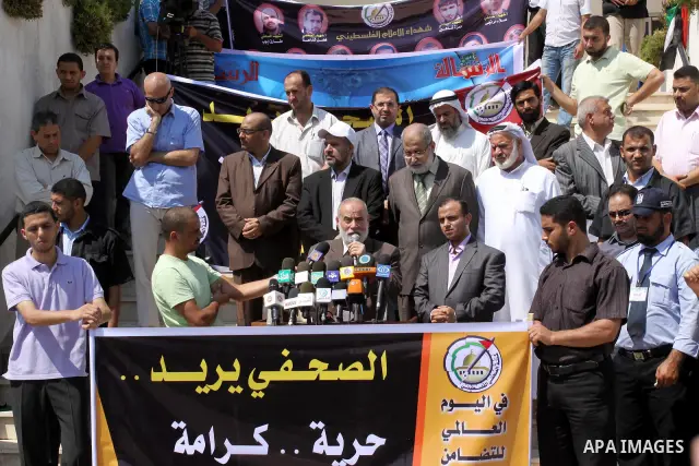 The spokesman of Hamas Parliament, Ahmed Bahar delivers speech during the occasion of International Day in support with the Palestinian journalist, calling Ramallah government for the release of the detained journalists...