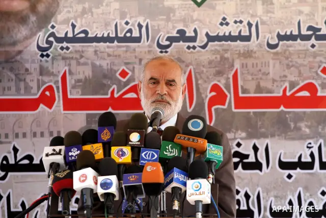 The spokesman of Hamas Parliament, Ahmed Bahar delivers speech in a press conference against arrested the member of Hamas legislative council, Ahmad Atun in an operation by undercover police officers in Gaza city on Sep....