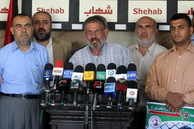 Members of the Palestinian opposition factions and the relatives of prisoners during a press conference, calling for their liberty in Gaza city on Sept. 29, 2011. About 7000 prisoners are in Israeli jails according to th...