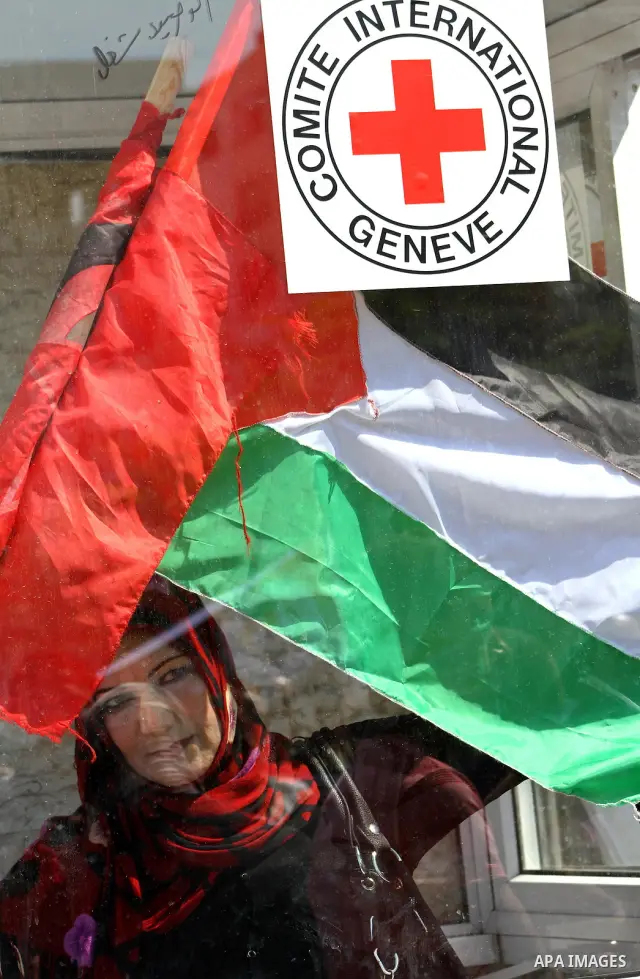 A Palestinians woman waves the Palestinian flag during a protest calling for their release from Israeli prisons outside the International Committee of the Red Cross (ICRC) in Gaza City on September 29, 2011. Photo by Ash...