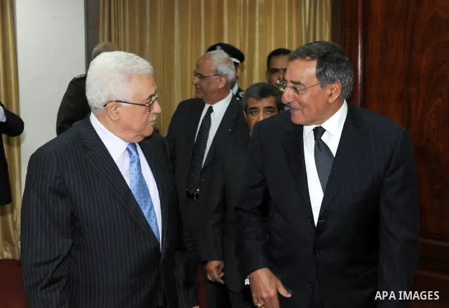 Palestinian President Mahmoud Abbas (Abu Mazen) meets with U.S. Defence Secretary Leon Panetta upon his arrival in the West Bank city of Ramallah on Oct. 3, 2011. Photo by Thaer Ganaim