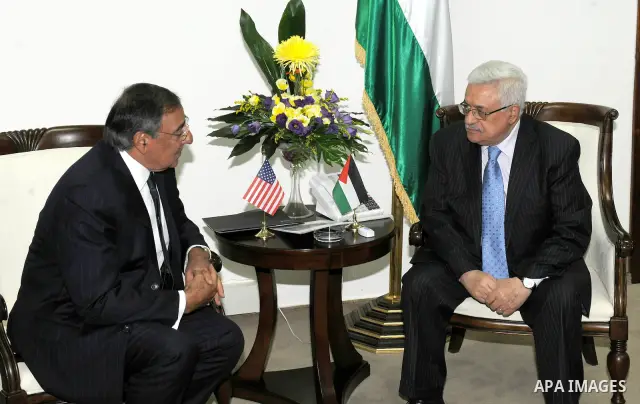 Palestinian President Mahmoud Abbas (Abu Mazen) meets with U.S. Defence Secretary Leon Panetta upon his arrival in the West Bank city of Ramallah on Oct. 3, 2011. Photo by Thaer Ganaim