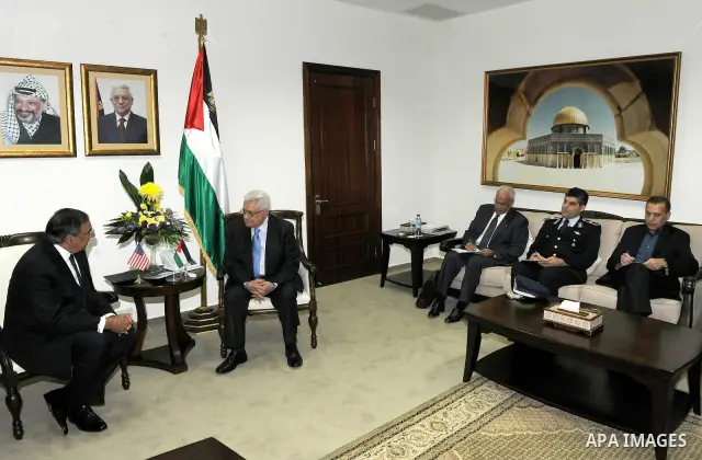 Palestinian President Mahmoud Abbas (Abu Mazen) meets with U.S. Defence Secretary Leon Panetta upon his arrival in the West Bank city of Ramallah on Oct. 3, 2011. Photo by Thaer Ganaim