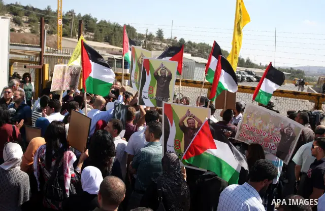Palestinian protestors wave their national flag and shout slogans during a demonstration calling for the release of prisoners held in Israeli jails and in support of inmates in hunger strike, on October 5, 2011 near Isra...