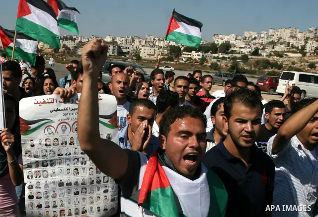 Palestinian protestors wave their national flag and shout slogans during a demonstration calling for the release of prisoners held in Israeli jails and in support of inmates in hunger strike, on October 5, 2011 near Isra...