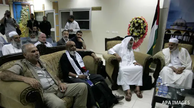 Members of the aid convoy 'Miles of Smiles 6' after they entered Gaza through the Rafah border crossing be.tween Egypt and southern Gaza Strip, on Oct, 06, 2011. Photo by Abed Rahim Khatib